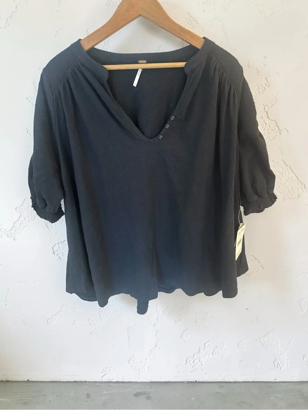 Free People Fever Dream Split Neck Tee Peasant Style Black  Size L NWT